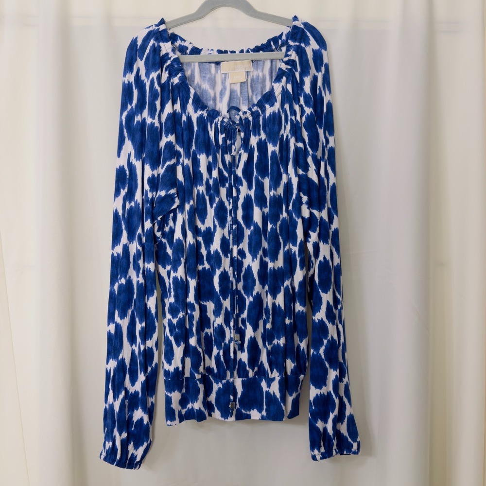 Michael Kors Cobalt Blue Abstract Print Peasant Blouse Size Medium Boho Resort